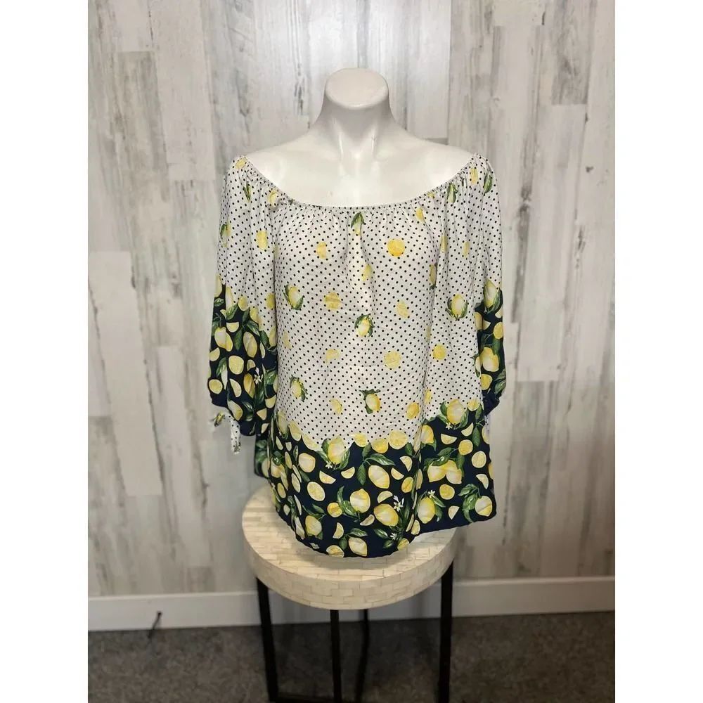 Naif Lemon Print Off Shoulder Blouse Women’s Size 1X Polka Dot Top